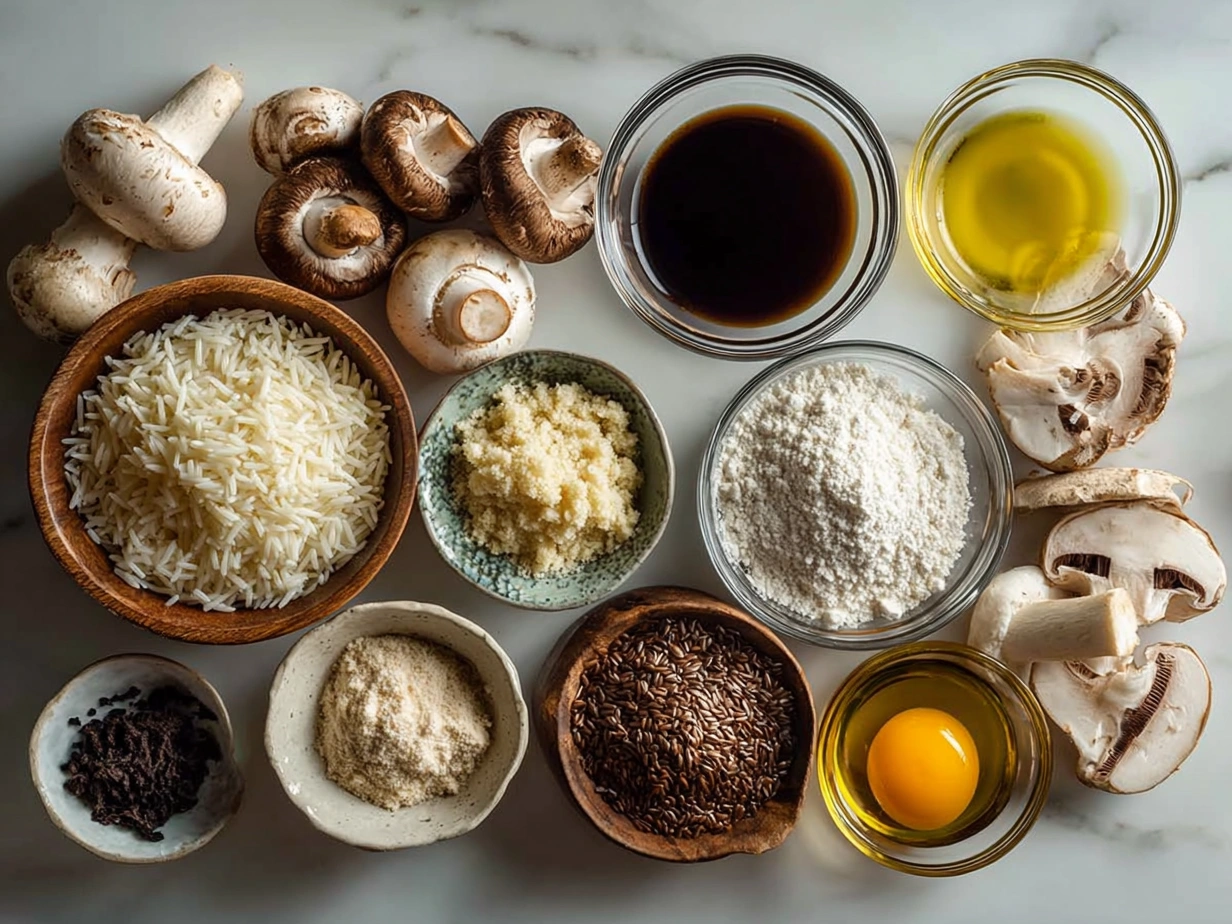 Mushroom risotto ingredients, prepped and ready to cook with, in individual bowls