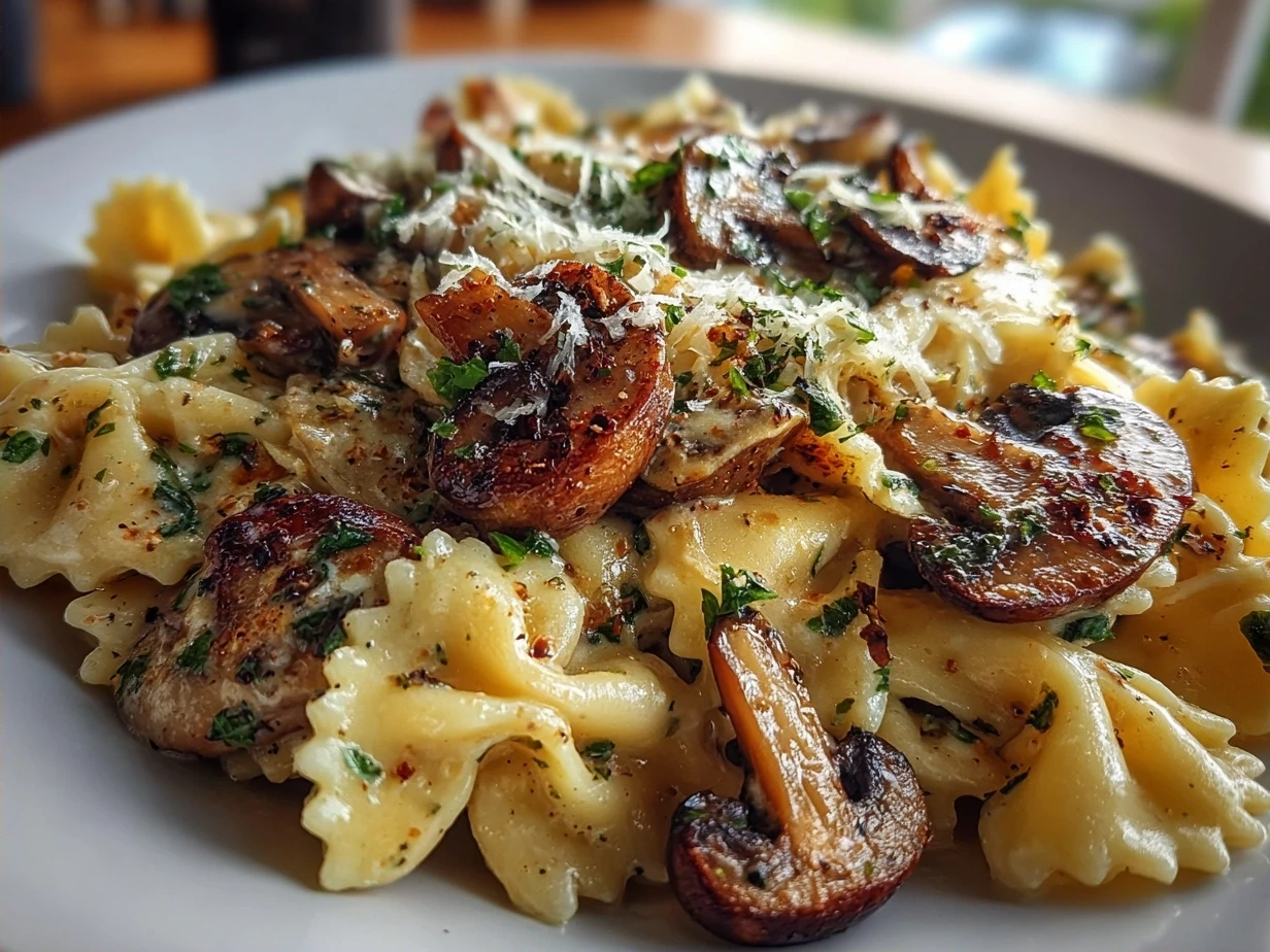 Serving of creamy Mushroom Gruyere Pasta with fresh parsley garnish