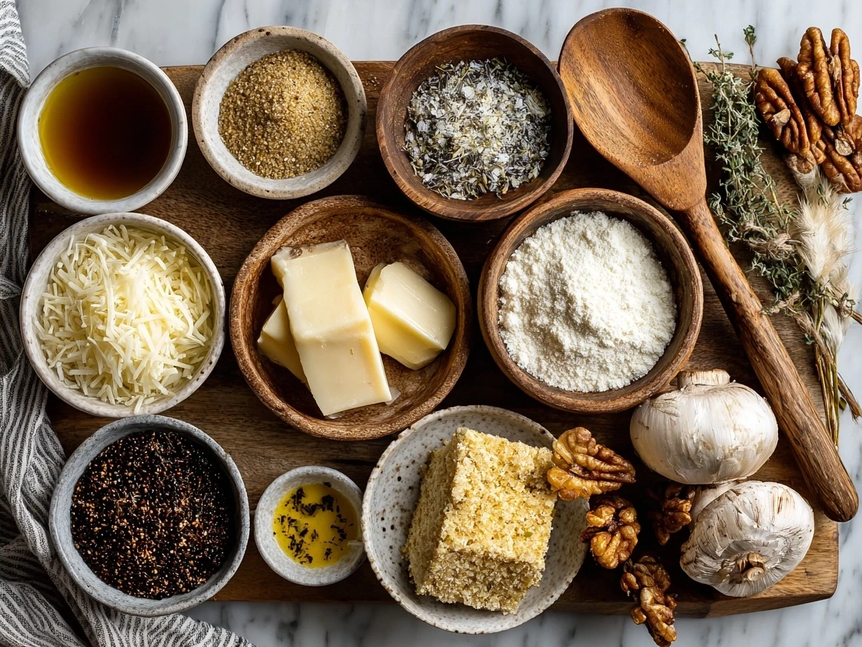 Ingredients for Mushroom Gruyere Pasta including pasta, olive oil, mushrooms, garlic, Gruyere cheese, milk, cornstarch, salt, pepper, and parsley