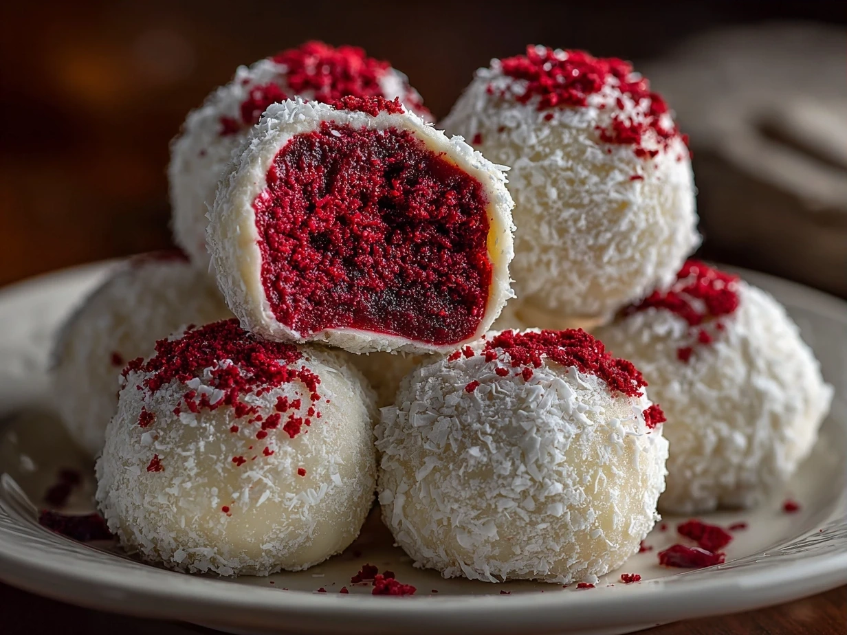 No-Bake Red Velvet Snowball Truffles ready to serve, beautifully coated with coconut flakes
