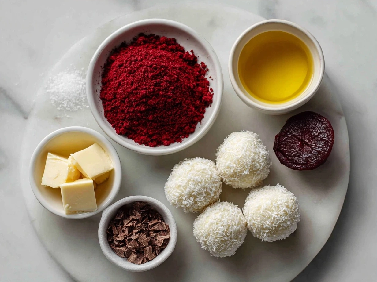 Ingredients for No-Bake Red Velvet Snowball Truffles including vanilla wafer crumbs, coconut flakes, cream cheese, and red beet powder