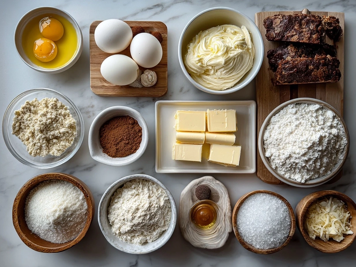 Ingredients for No Bake Classic Woolworth Cheesecake including cream cheese, biscuits, butter, condensed milk, and cream