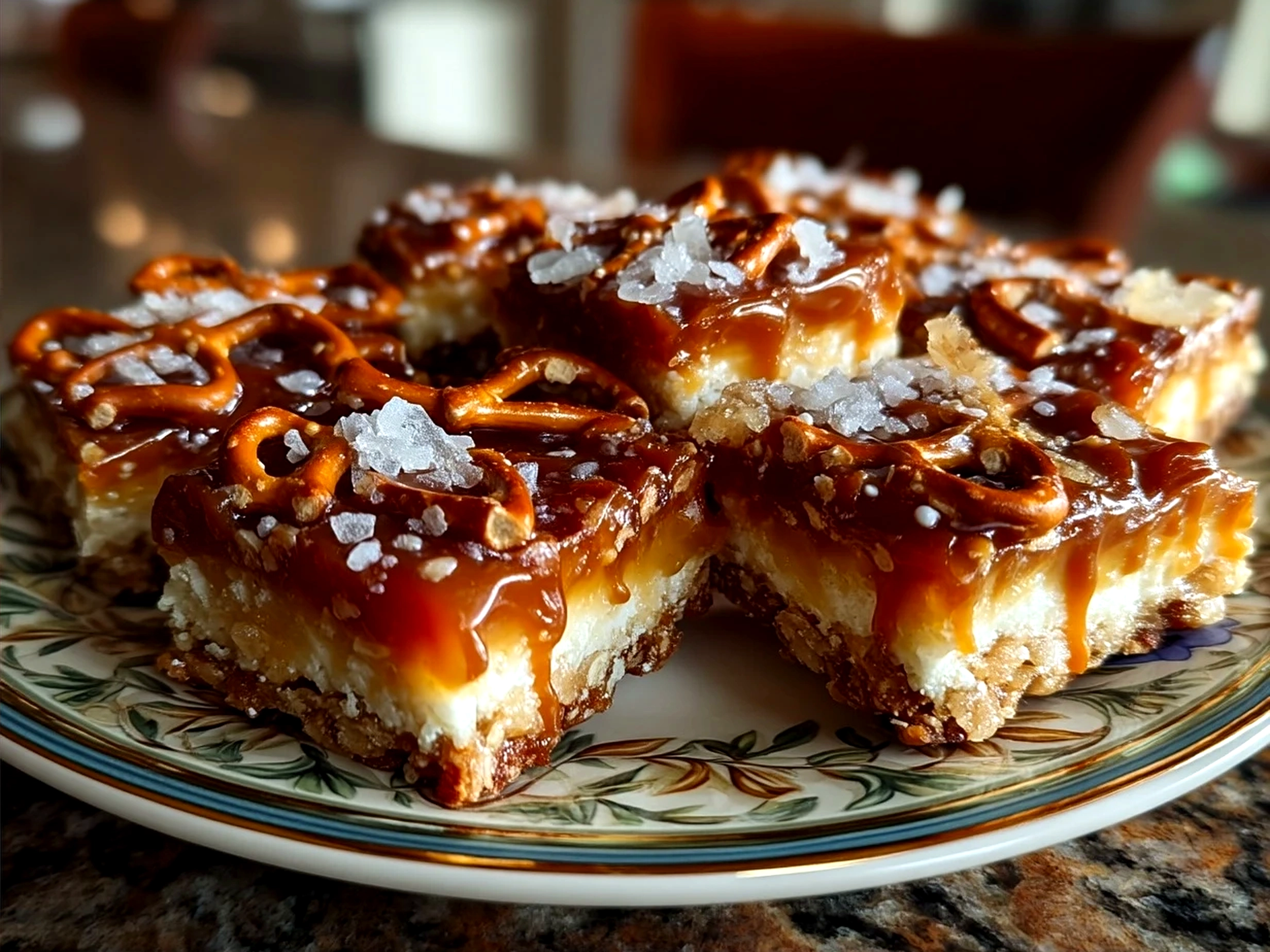 No Bake Salted Caramel Pretzel Bars served on a plate