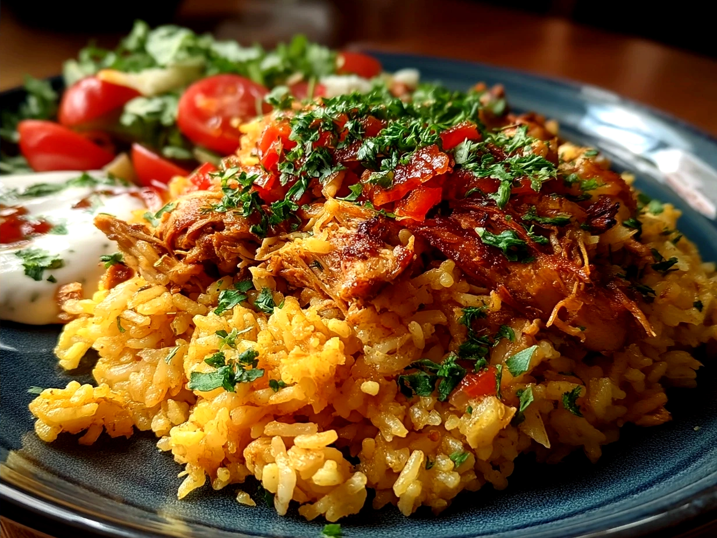 One-Pot Chicken Shawarma Rice served family style with fresh garnish