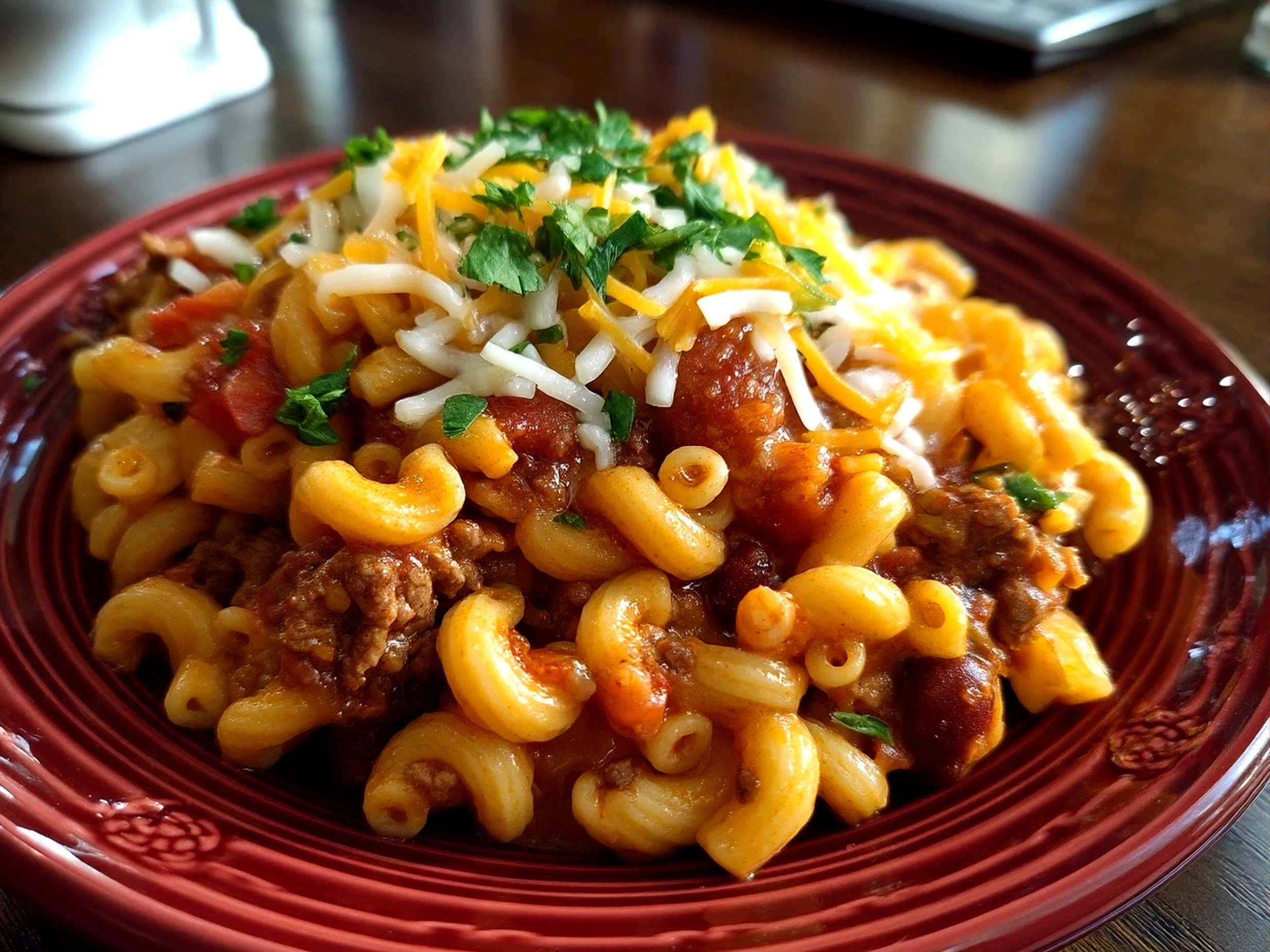 Serving bowl of creamy One Pot Chili Mac and Cheese garnished with chopped herbs