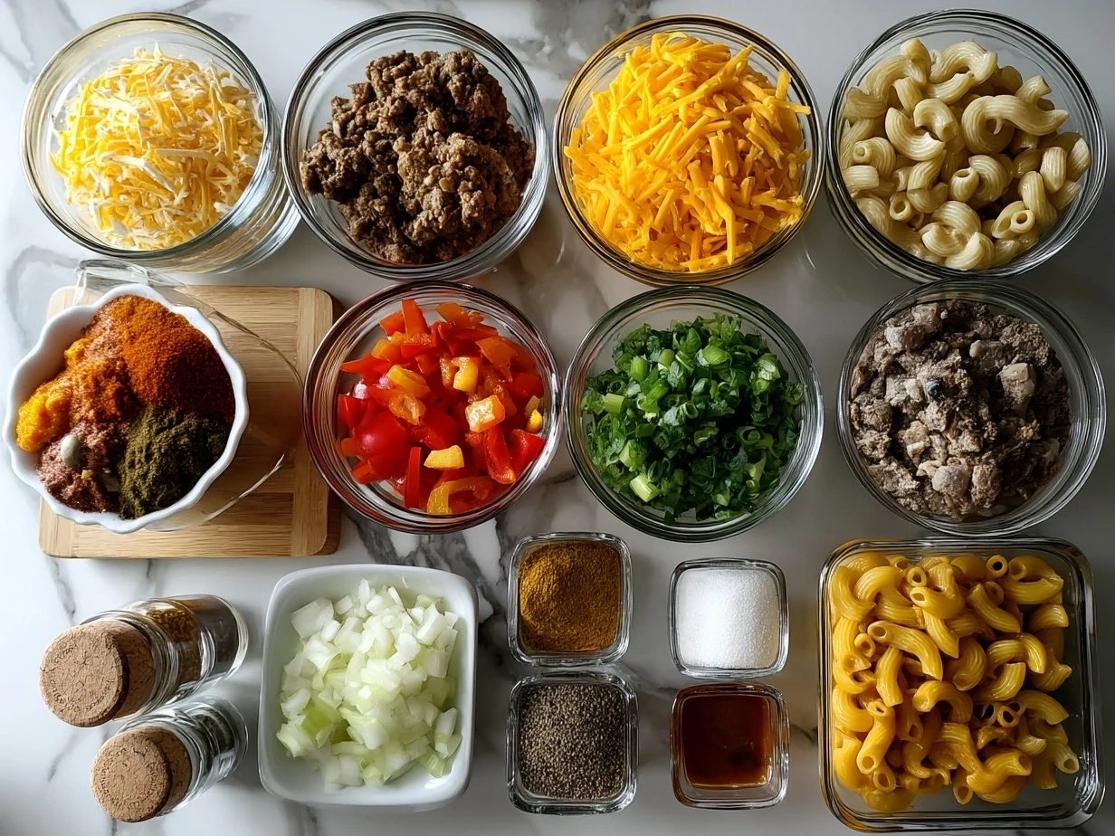 Ingredients for One Pot Chili Mac and Cheese on kitchen counter