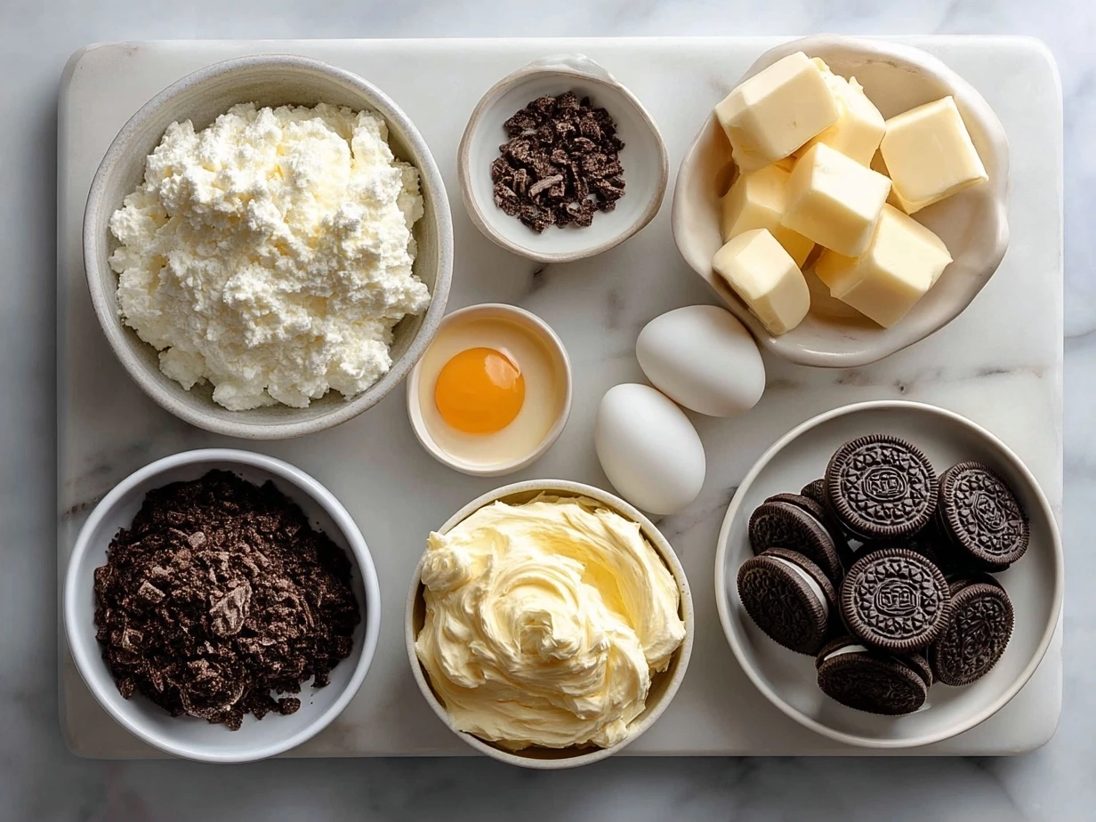 Ingredients for Oreo Cheesecake including Oreo cookies, cream cheese, butter, and heavy cream