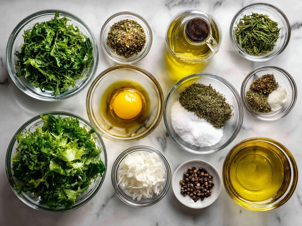 Ingredients for Southern turnip greens recipe including turnip greens, ham hock, onion, garlic, chicken broth, apple cider vinegar, red pepper flakes, salt, pepper, and olive oil.
