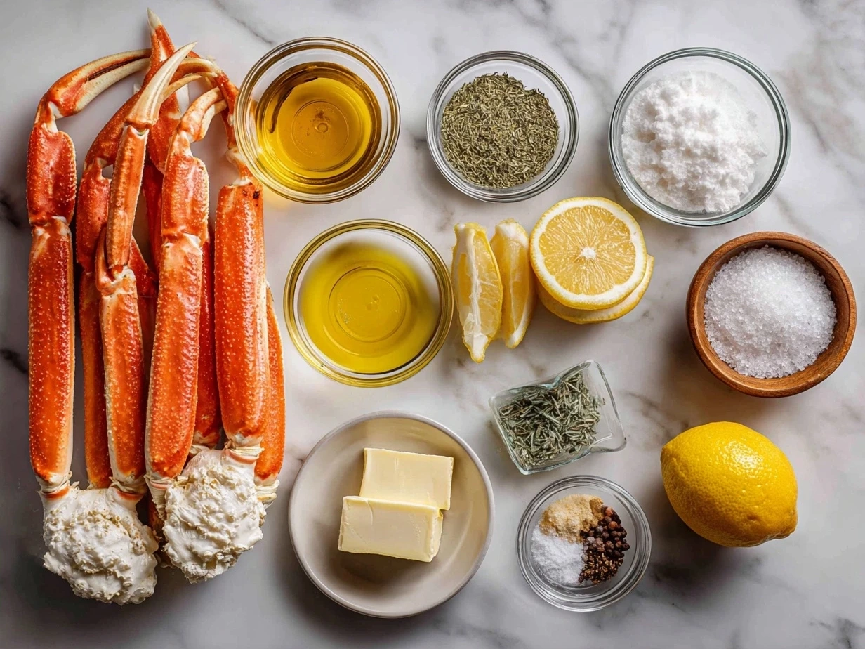 Ingredients for Oven Baked Snow Crab Legs: crab legs, butter, garlic, lemon, and seasonings