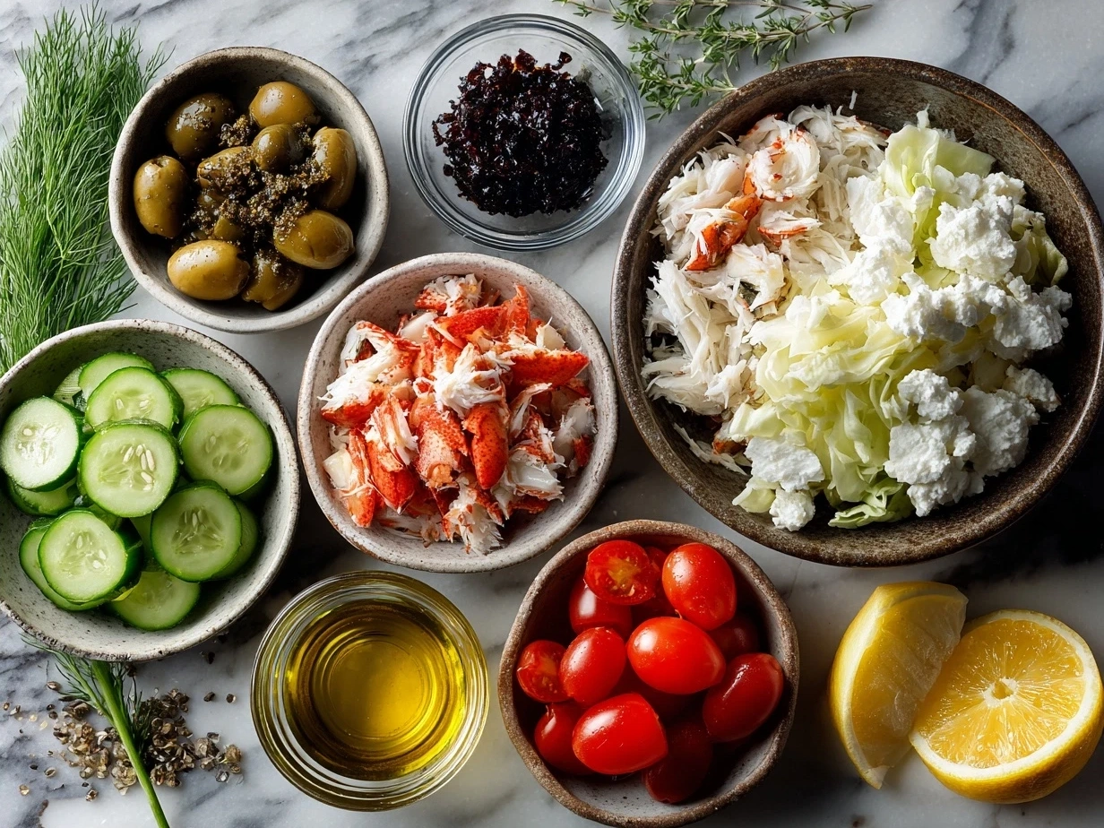 Ingredients laid out for a Paleo Crab Louie salad including fresh crab meat, avocado, eggs, greens, and dressing components
