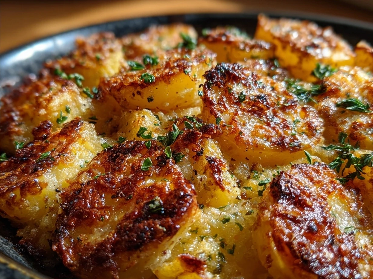 Serving of golden crispy Parmesan Potatoes served on a plate
