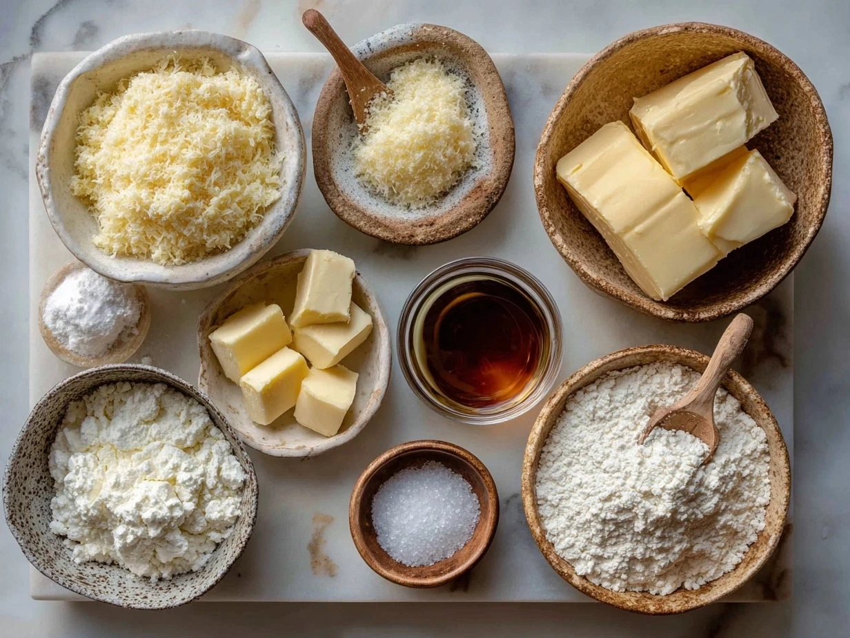 Ingredients for Parmesan Potatoes including potatoes, grated parmesan cheese, garlic, olive oil and herbs