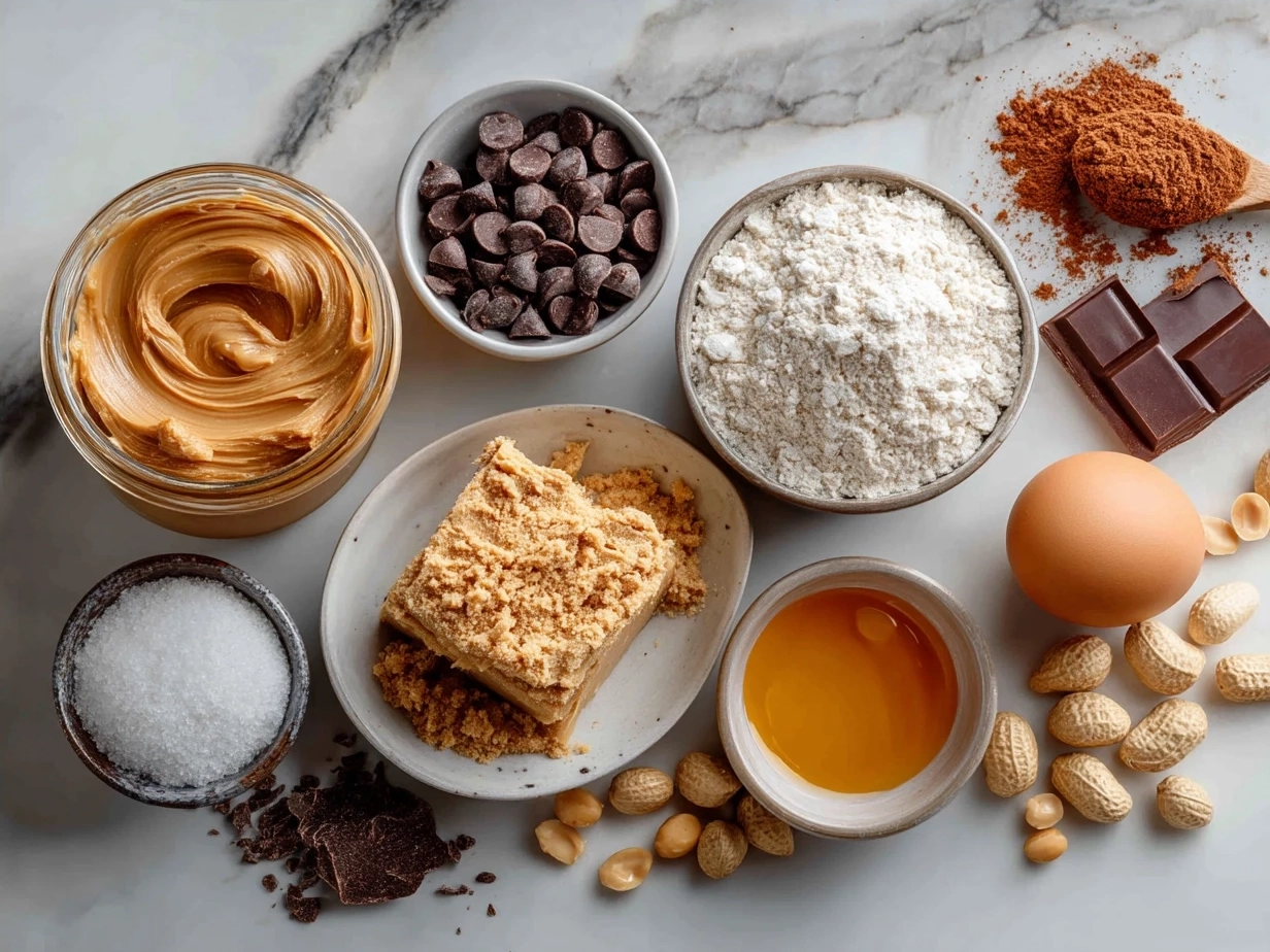 Ingredients for homemade peanut butter cookies including peanut butter, brown sugar, egg, baking soda, vanilla extract, and salt