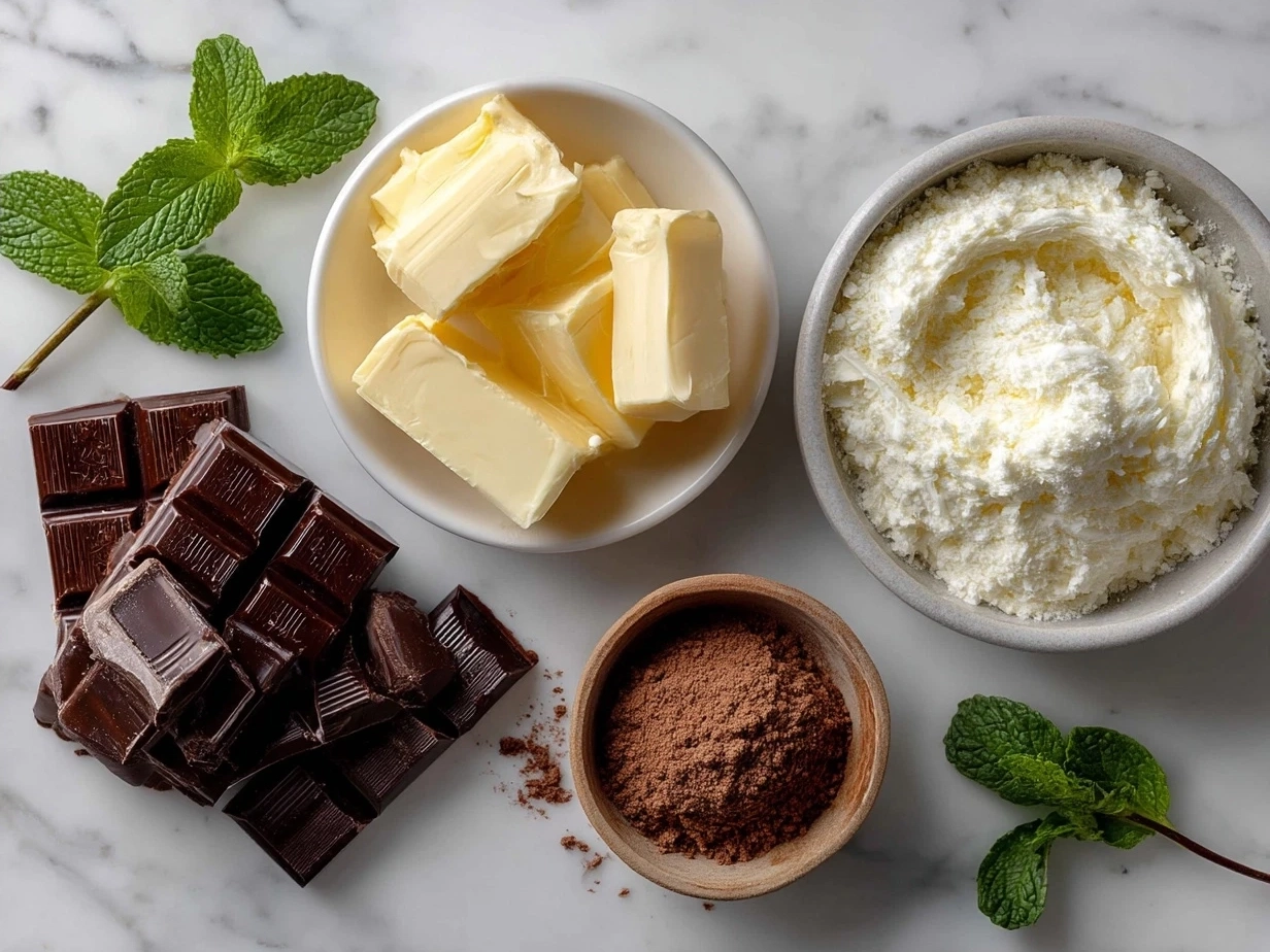 Ingredients for Peppermint Chocolate Layered Dessert including Greek yogurt, dark chocolate chips, peppermint candies, whipped cream, peppermint extract, crushed cookies, and honey