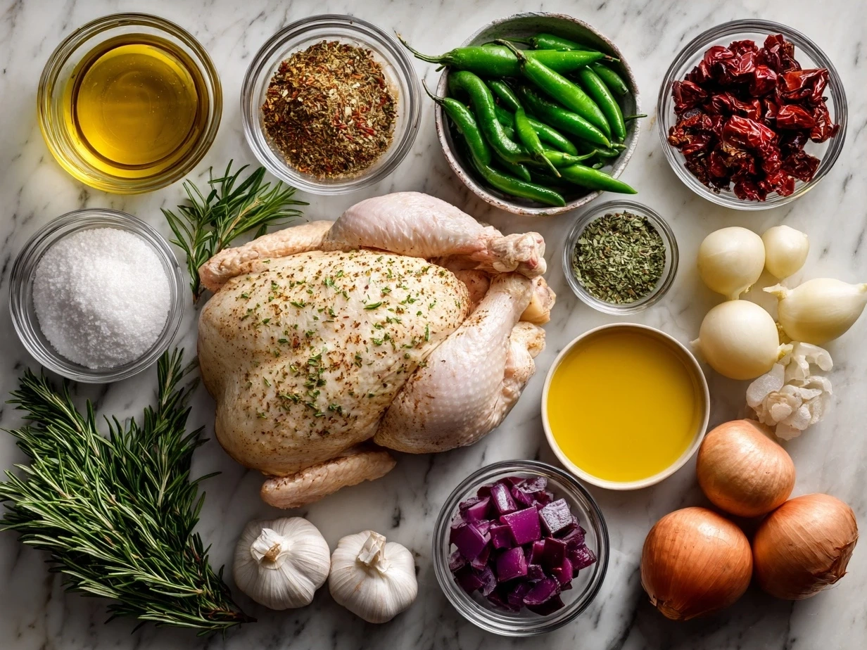 Ingredients laid out for Peruvian-Style Roast Chicken including spices, whole chicken, and fresh cilantro