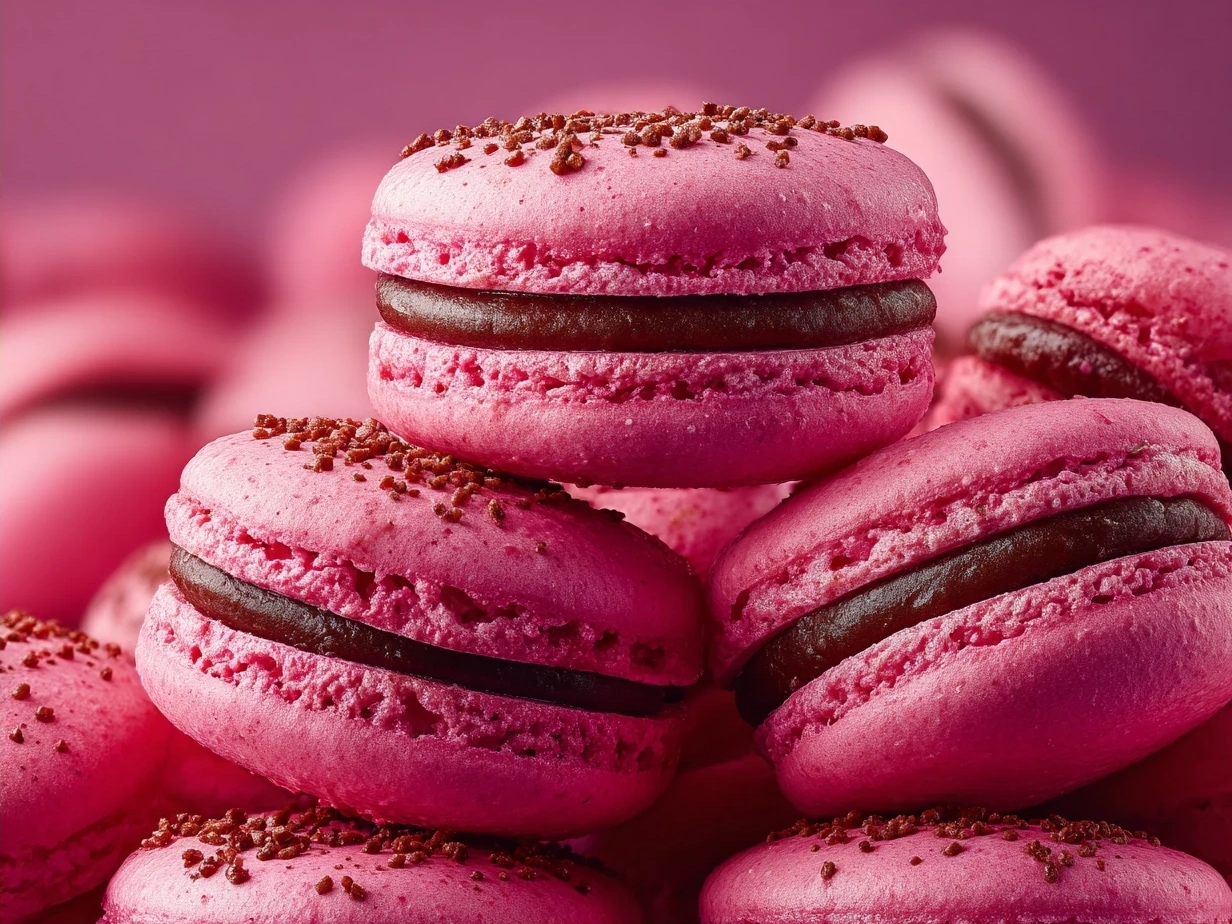 A plate of pink macarons served with fresh berries and a cup of herbal tea