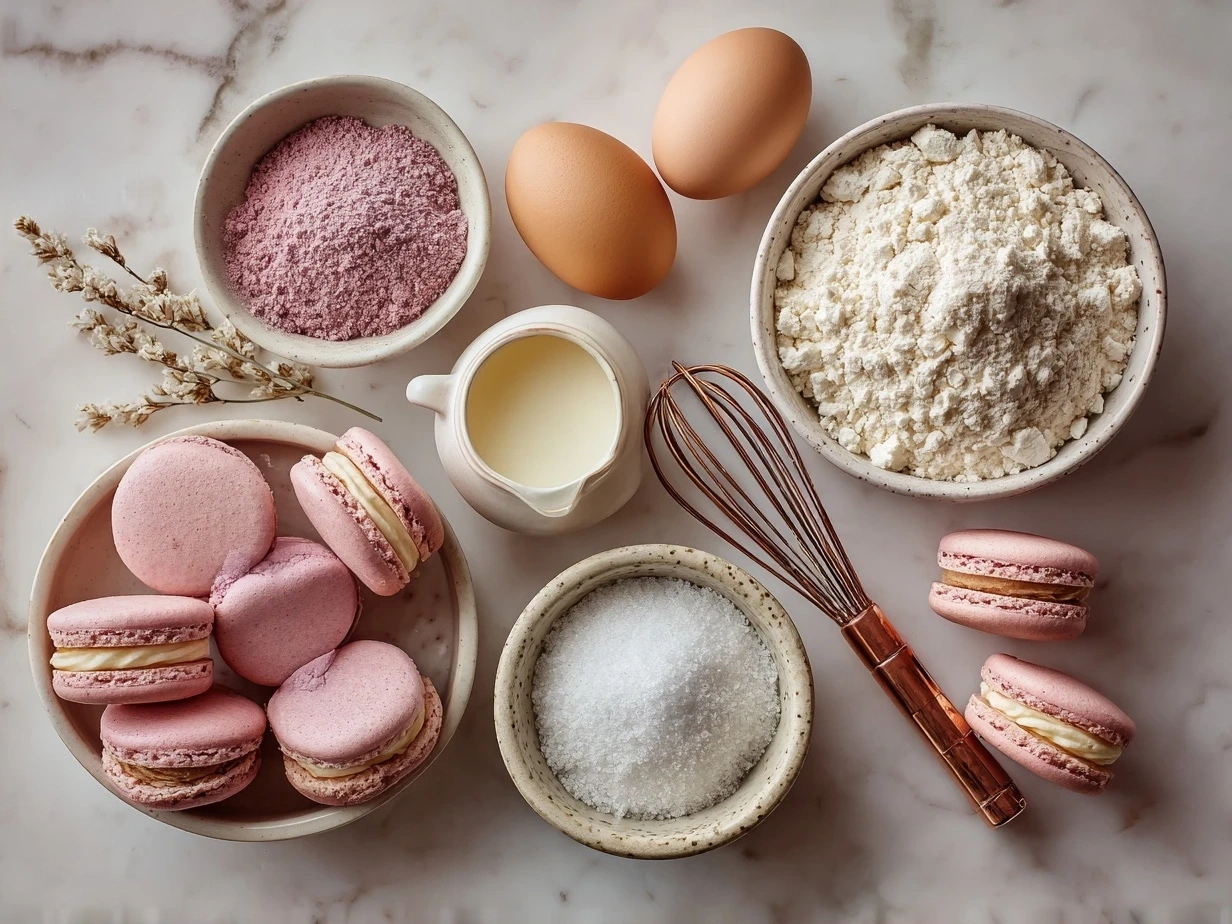 Ingredients for pink macarons laid out neatly on a kitchen counter