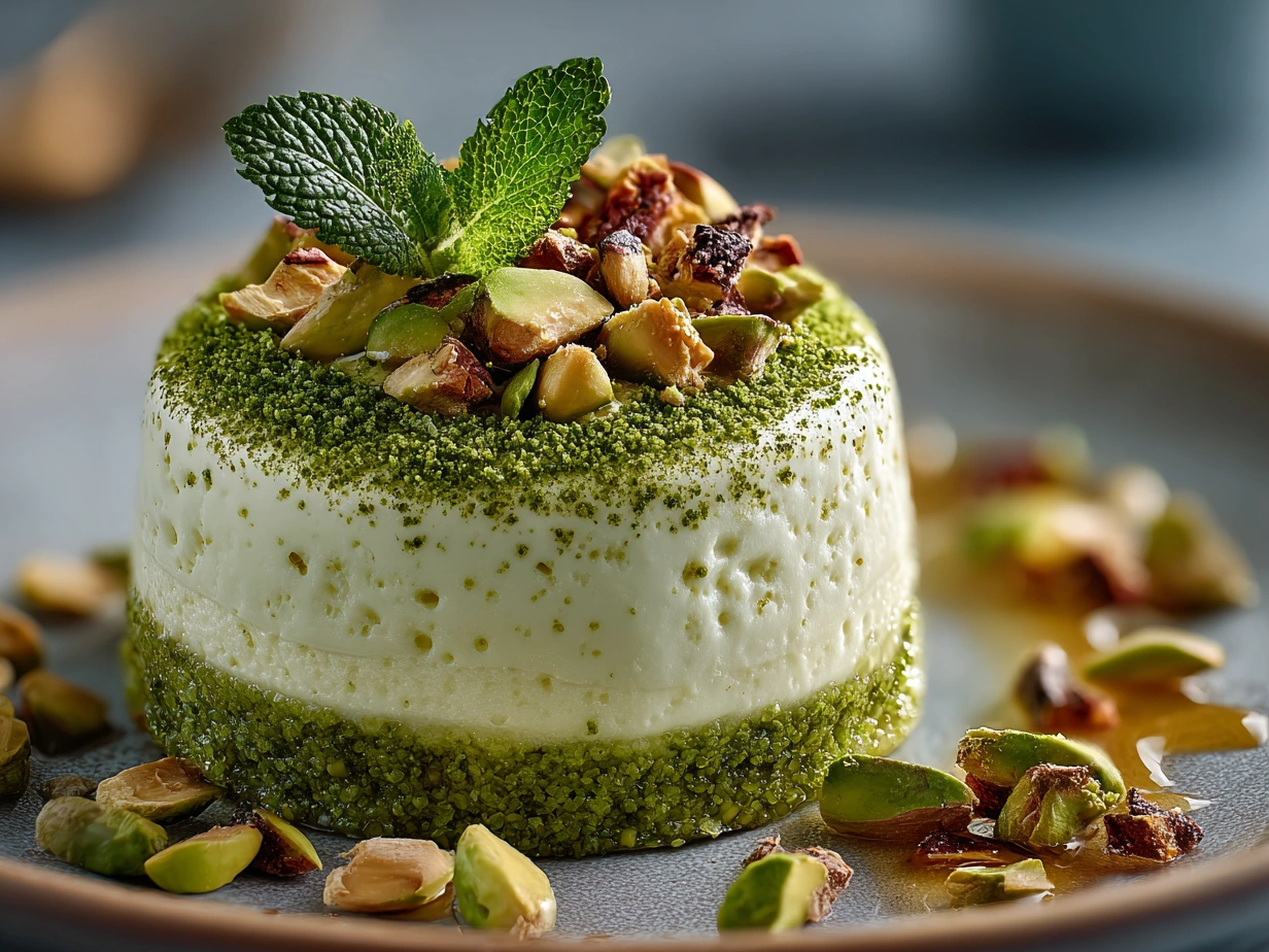 Final creamy Pistachio Lush Dessert served in a glass dish garnished with chopped pistachios and fresh berries
