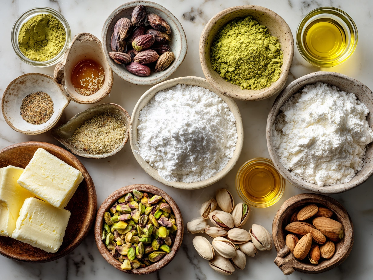 Ingredients for Pistachio Lush Dessert including cream cheese, pistachio pudding mix, whipped cream, milk, cookies, and chopped pistachios