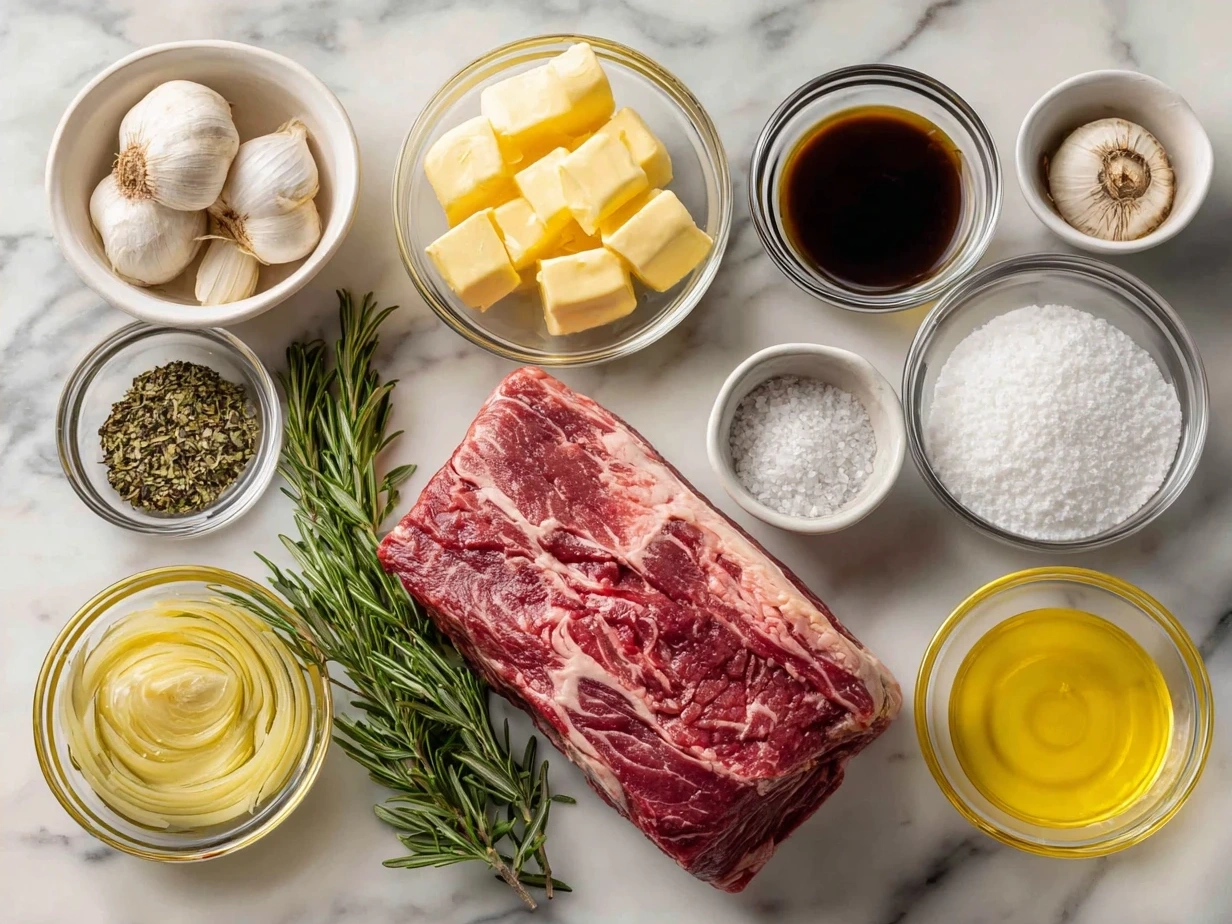 Ingredients for prime rib roast recipe including prime rib roast, olive oil, salt, pepper, garlic powder, onion powder, thyme, rosemary, onion, garlic, and beef broth