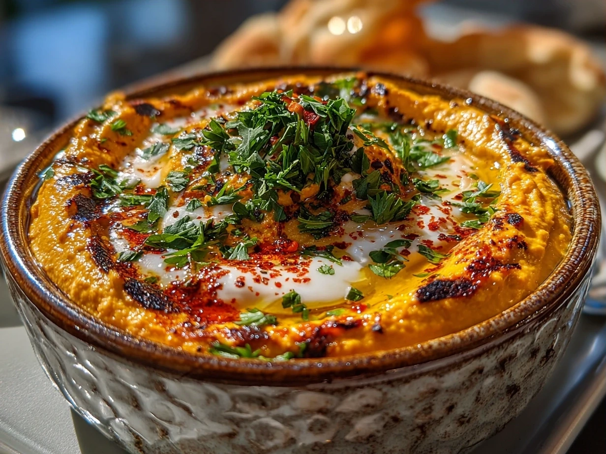 Bowl of Pumpkin Whipped Feta Dip served with fresh vegetable sticks and crackers