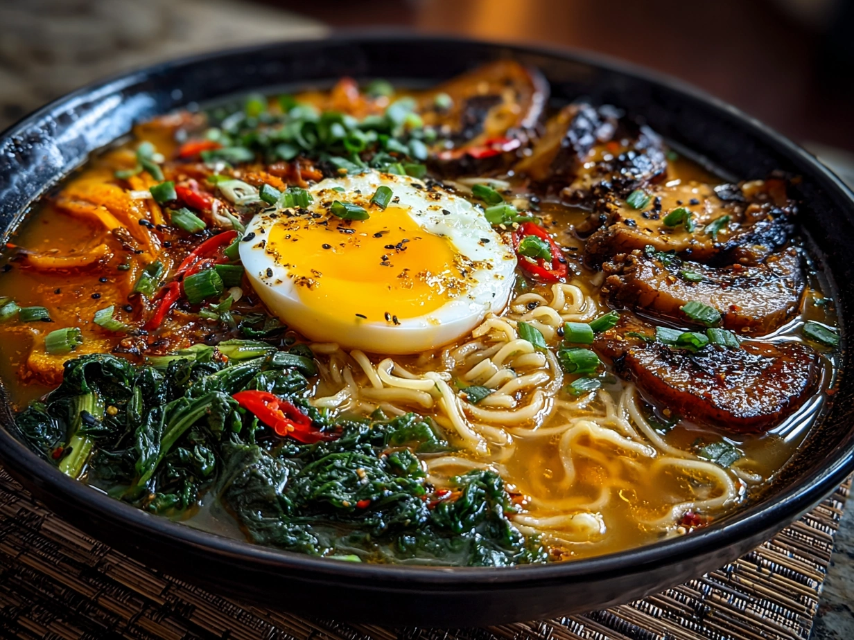 Final homemade nourishing bowl of Ramen Noodle Soup with fresh toppings and protein