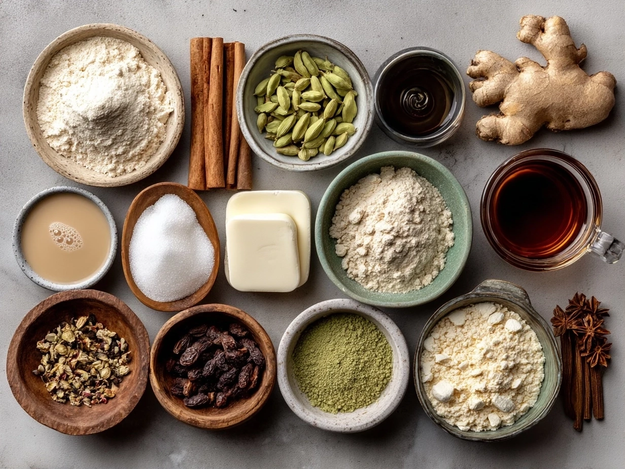 Raw ingredients for Kashmiri Pink Chai on marble countertop