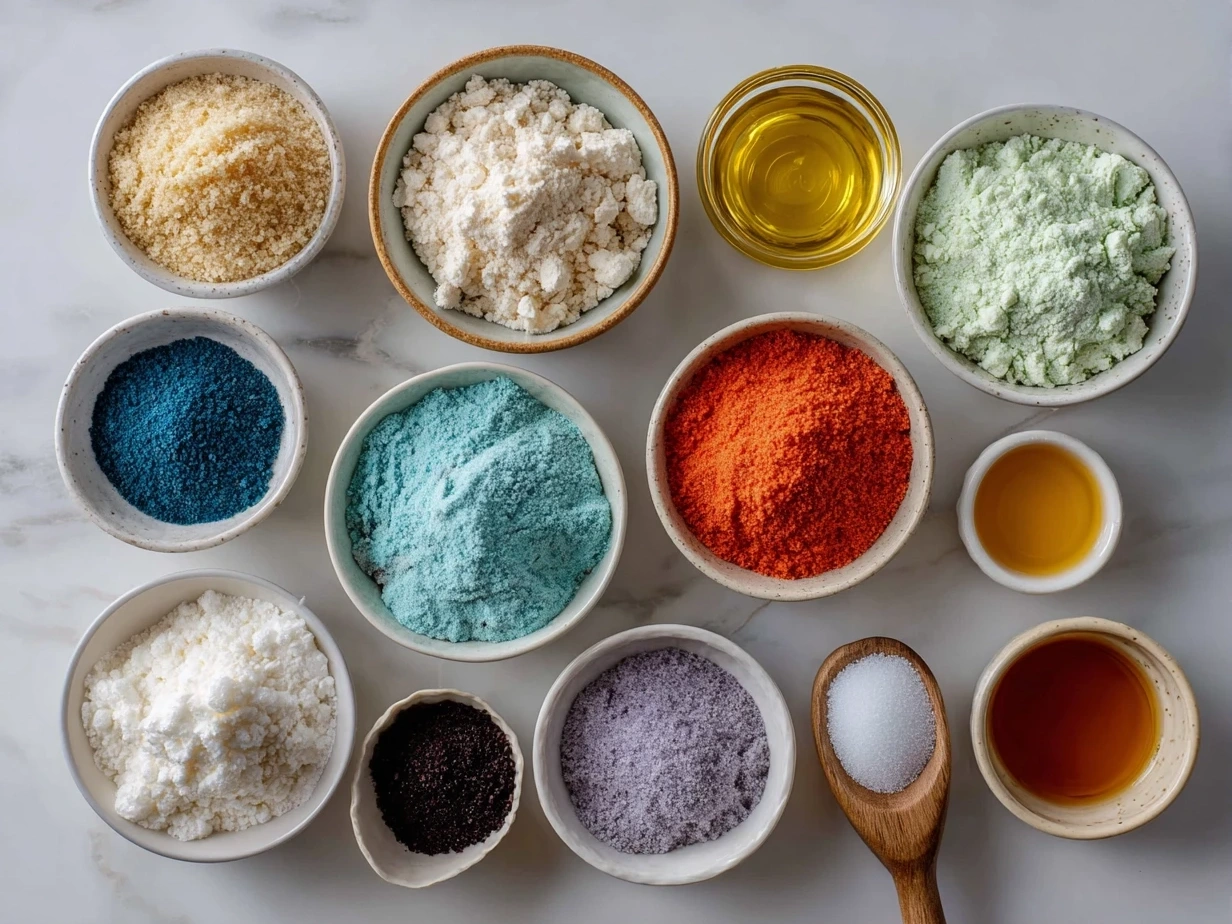 Raw ingredients arranged for colorful marbled sugar cookies including flour, butter, eggs, sugar, and food coloring