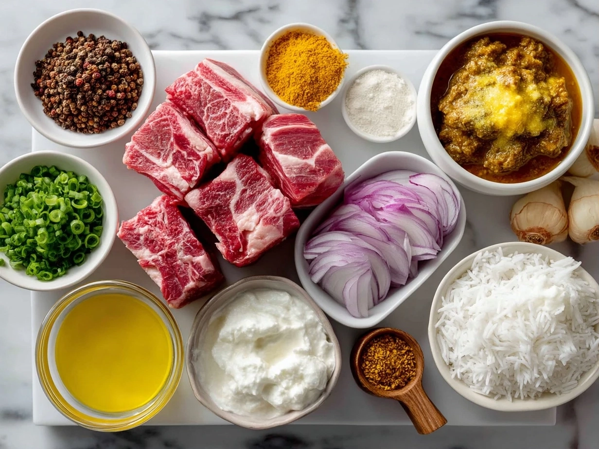 Raw ingredients for one pot lamb kalya including lamb chunks, yogurt, cream, spices, onion, garlic, ginger and ghee