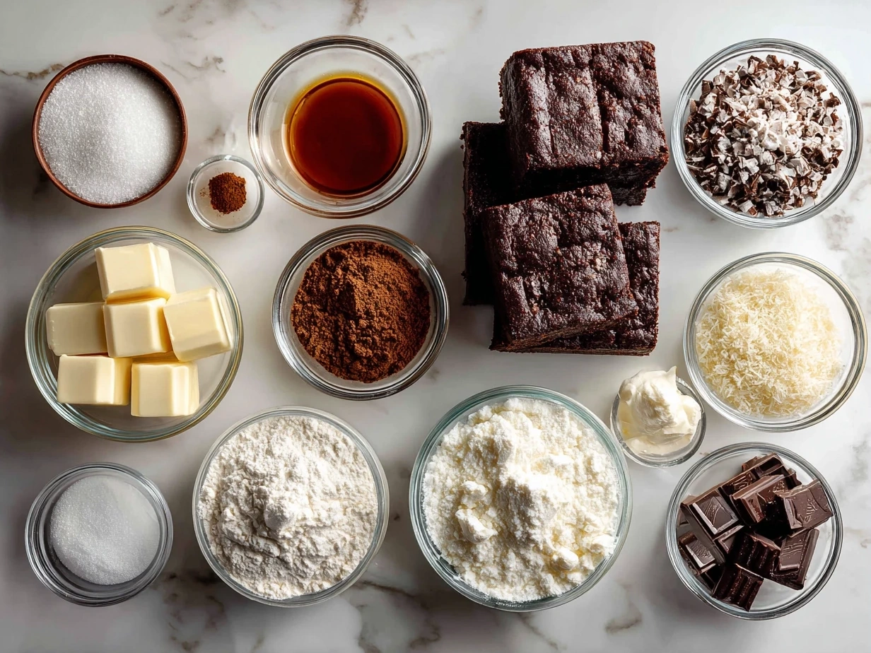 Ingredients for Peppermint Bark Brownies: butter, sugar, eggs, vanilla extract, flour, cocoa powder, baking powder, salt, chocolate chips, peppermint candies, and white chocolate.