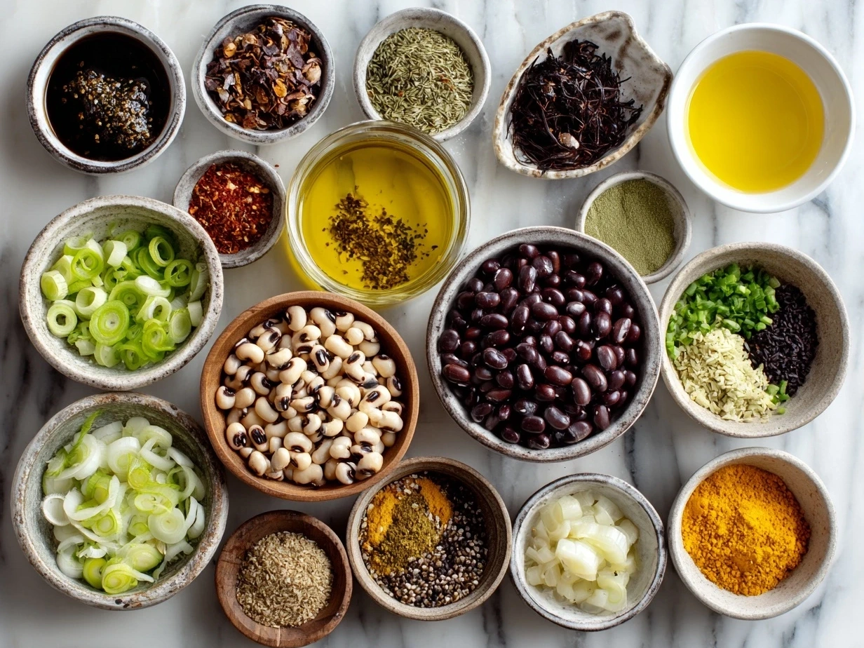 Raw ingredients for Southern-Style Black-Eyed Peas including dried black-eyed peas, onion, garlic, and spices.
