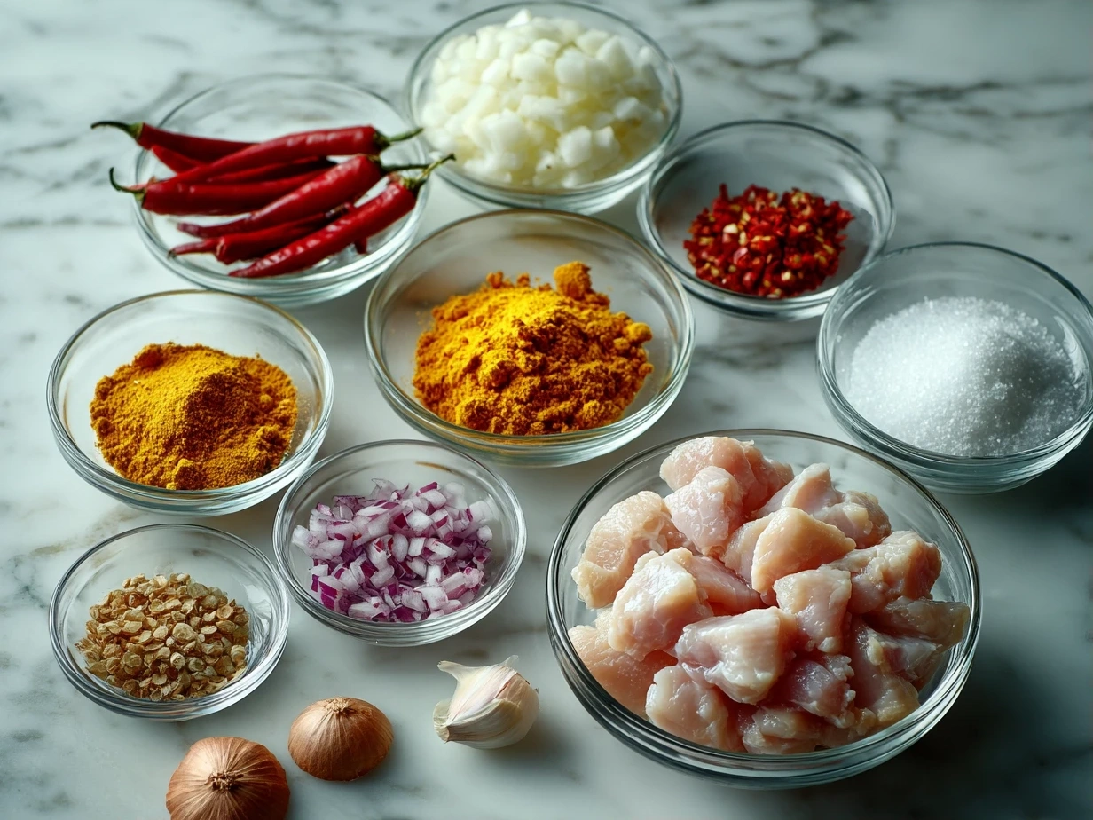 Raw ingredients for making Thai Red Curry Chicken, including chicken thighs, coconut milk, vegetables, and spices.