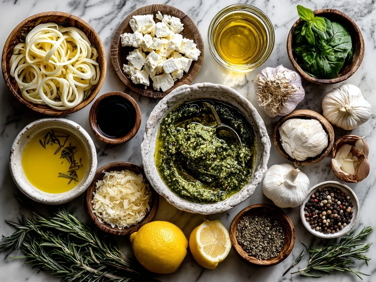 Raw ingredients for TikTok Baked Feta Pasta with Pesto on marble surface