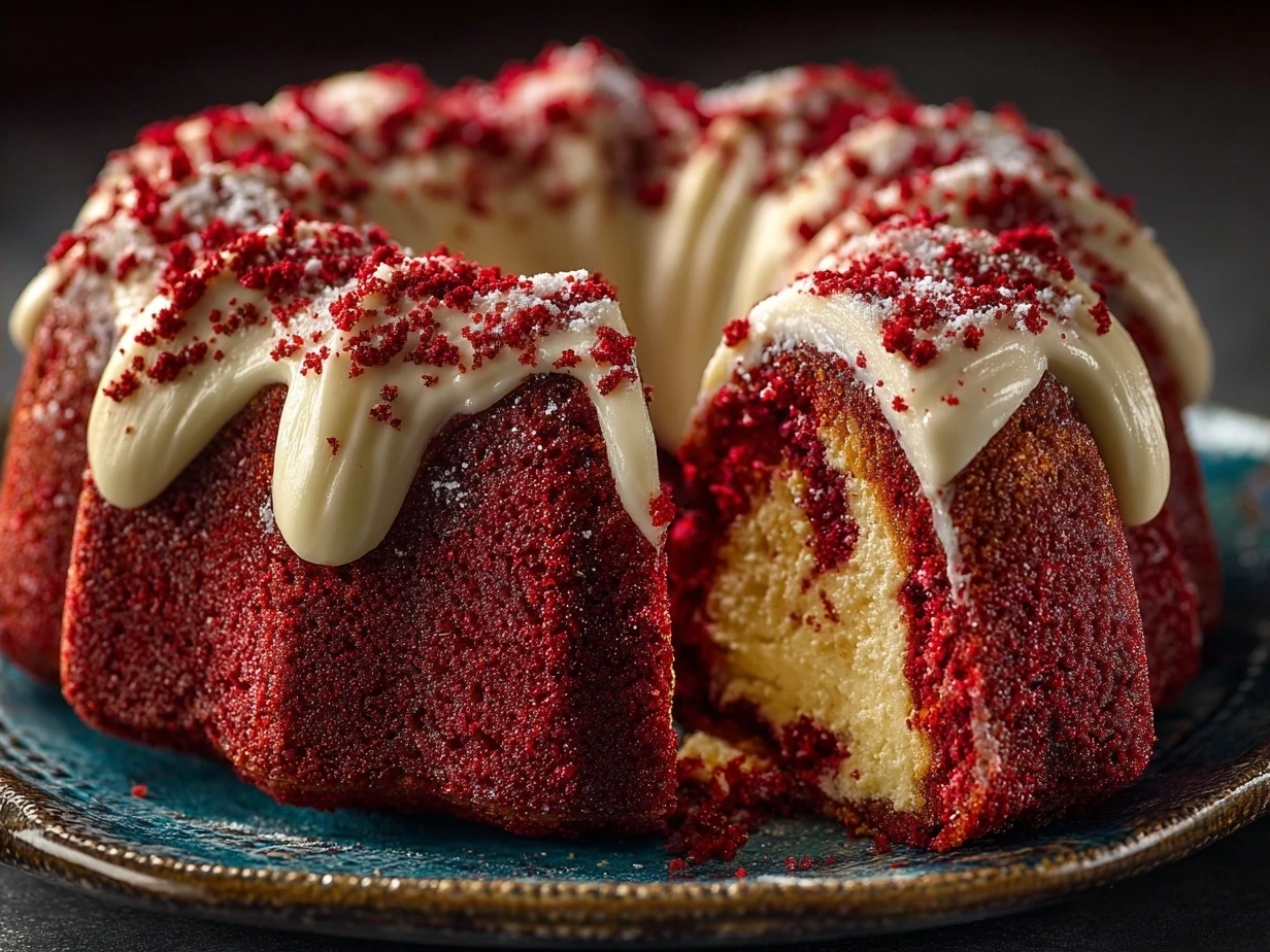Slice of Red Velvet Cream Cheese Bundt Cake plated with fork
