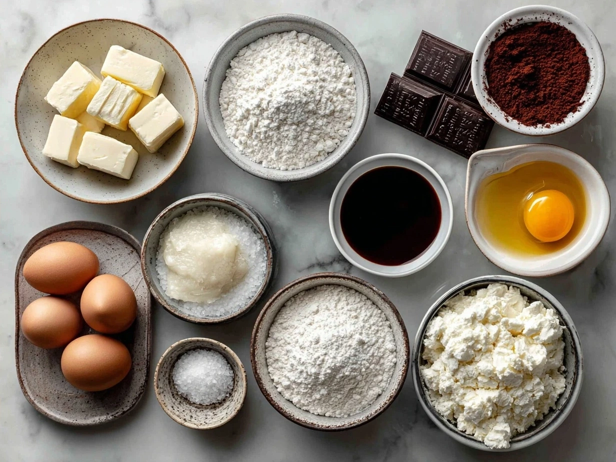 Ingredients for Red Velvet Cream Cheese Bundt Cake on a wooden table