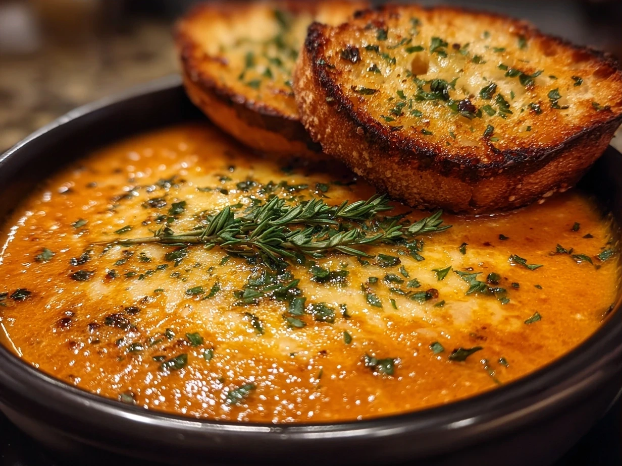 Final bowl of Roasted Red Pepper Gouda Soup, creamy and topped with cheese and herbs.