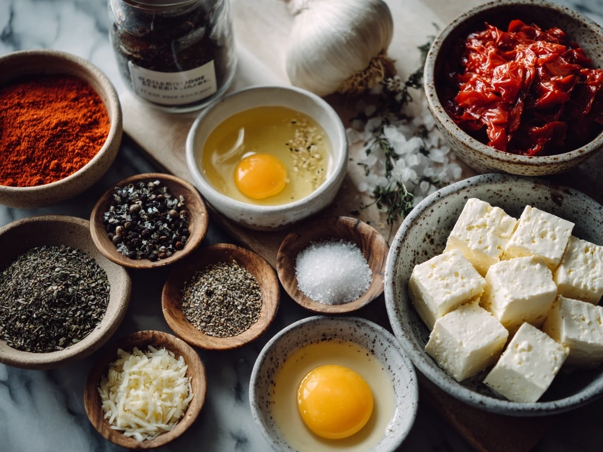 Ingredients for Roasted Red Pepper Gouda Soup including red peppers, onion, garlic, olive oil, vegetable broth, smoked gouda cheese, and spices.
