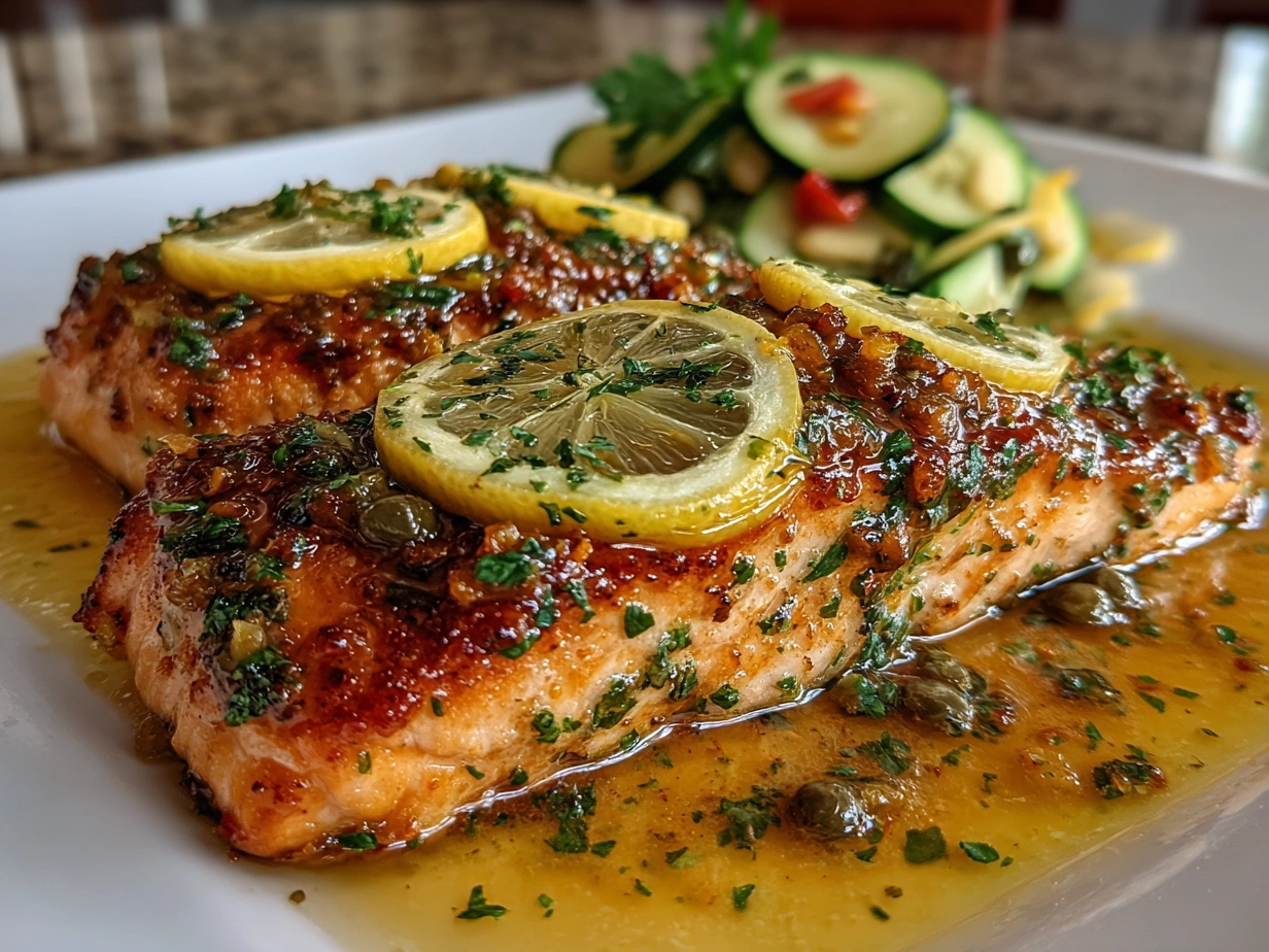 Finished Salmon Piccata dish with lemon butter sauce and parsley garnish