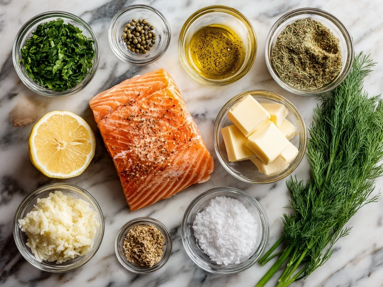 Ingredients for Salmon Piccata including salmon fillets, lemon, capers, butter, and herbs