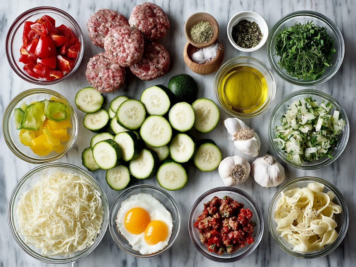 Ingredients for Sausage and Courgette Pasta including Italian sausage, courgettes, pasta, onion, garlic, tomato passata, and herbs