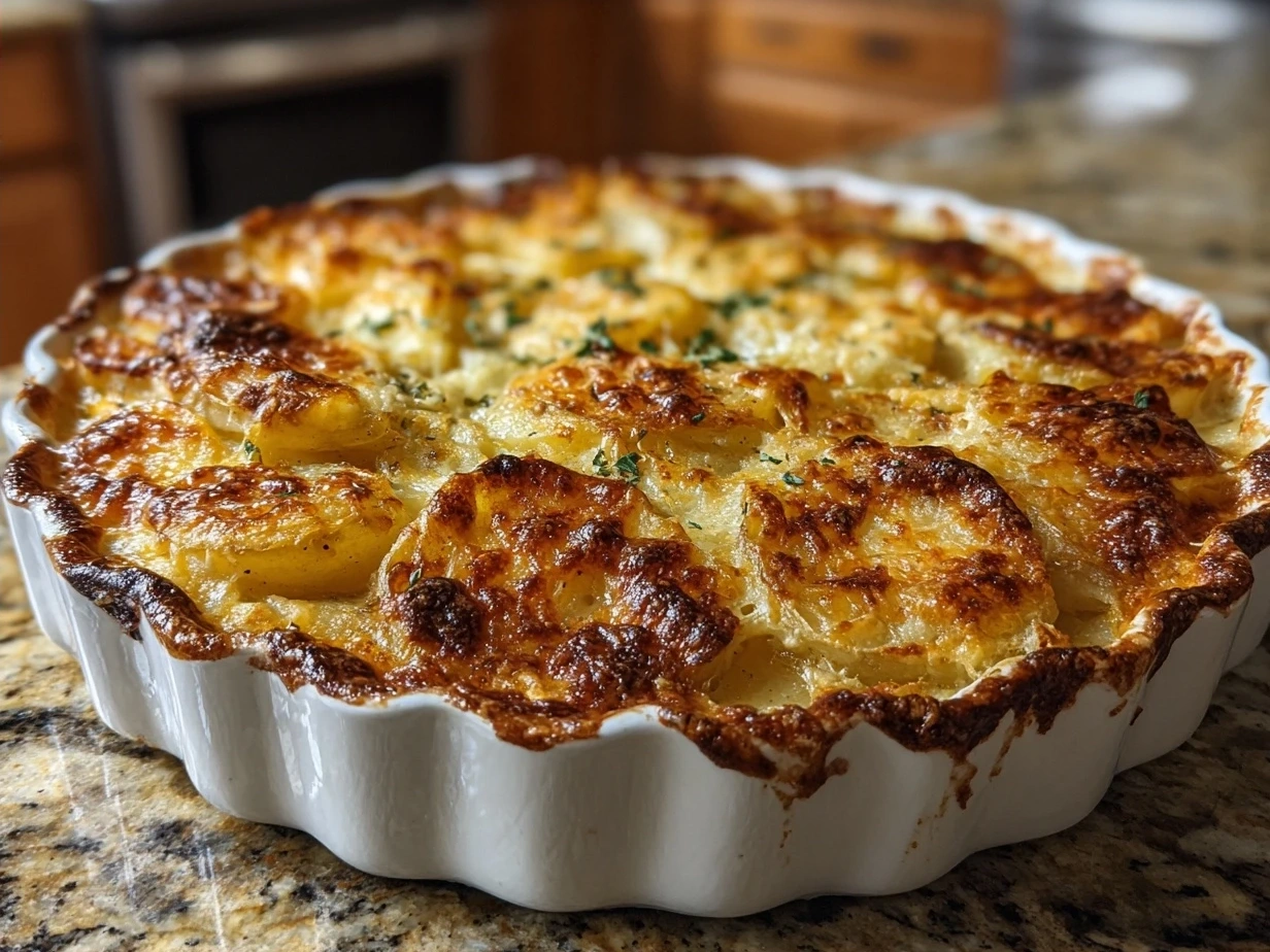 Delicious finished scalloped potatoes fresh out of the oven