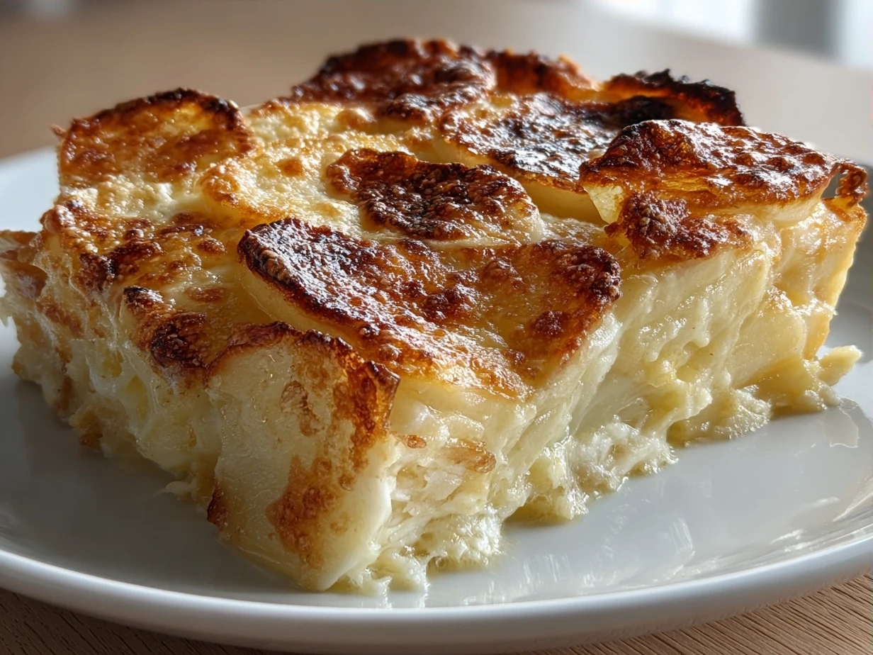 Golden brown Scalloped Potatoes Recipe, bubbly and cheesy, served directly from a white baking dish.