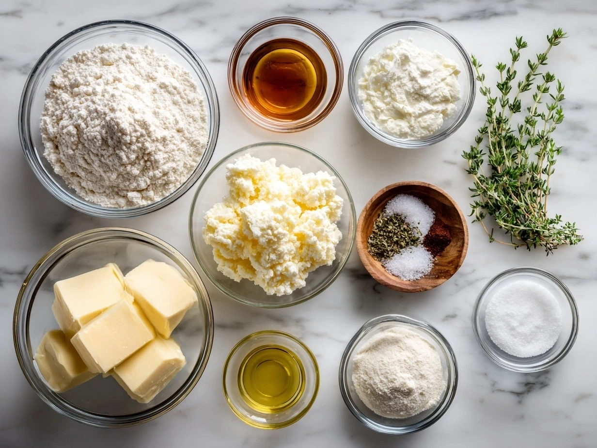 Assortment of fresh ingredients for Scalloped Potatoes Recipe including Russet potatoes, unsalted butter, milk, cream, Gruyère, and Parmesan cheese.