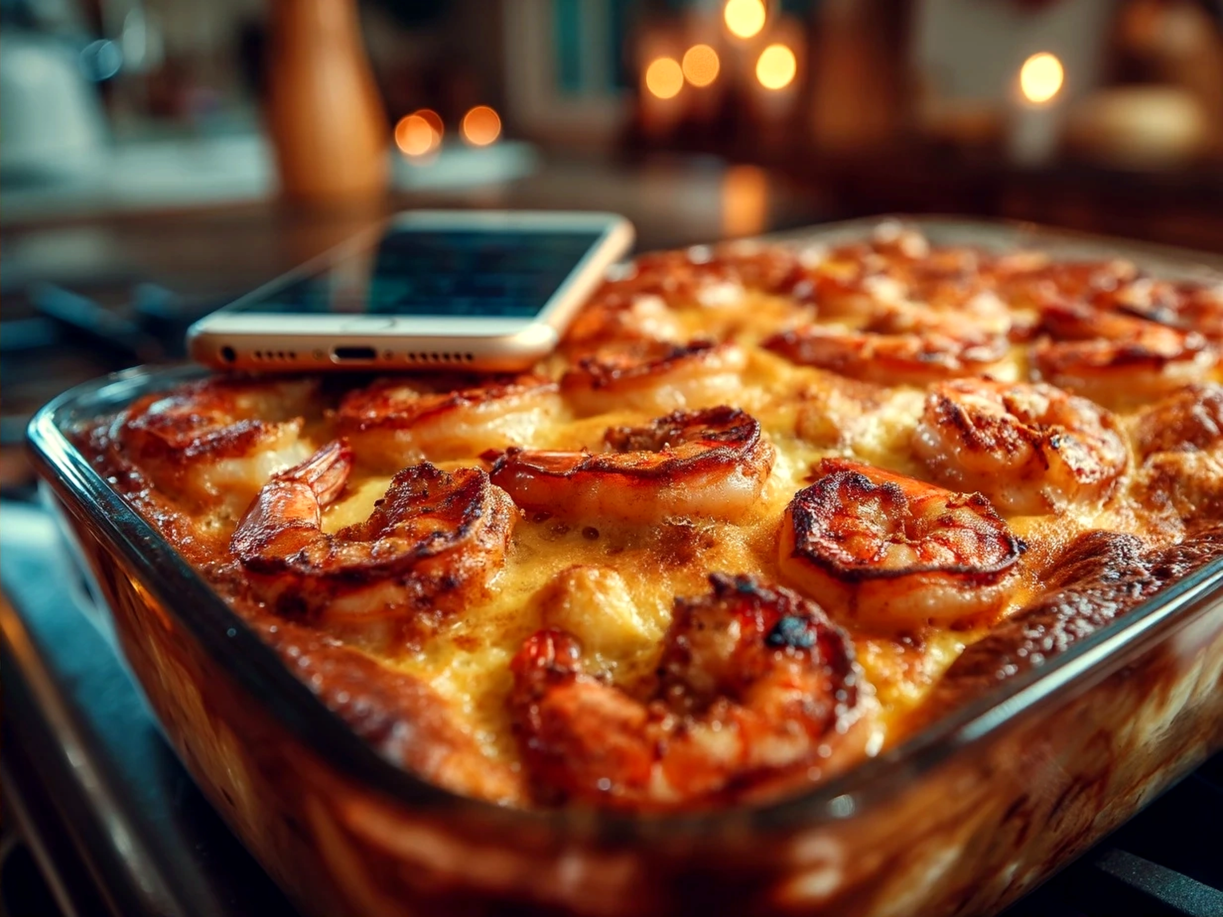Creamy baked shrimp casserole served with fresh vegetables