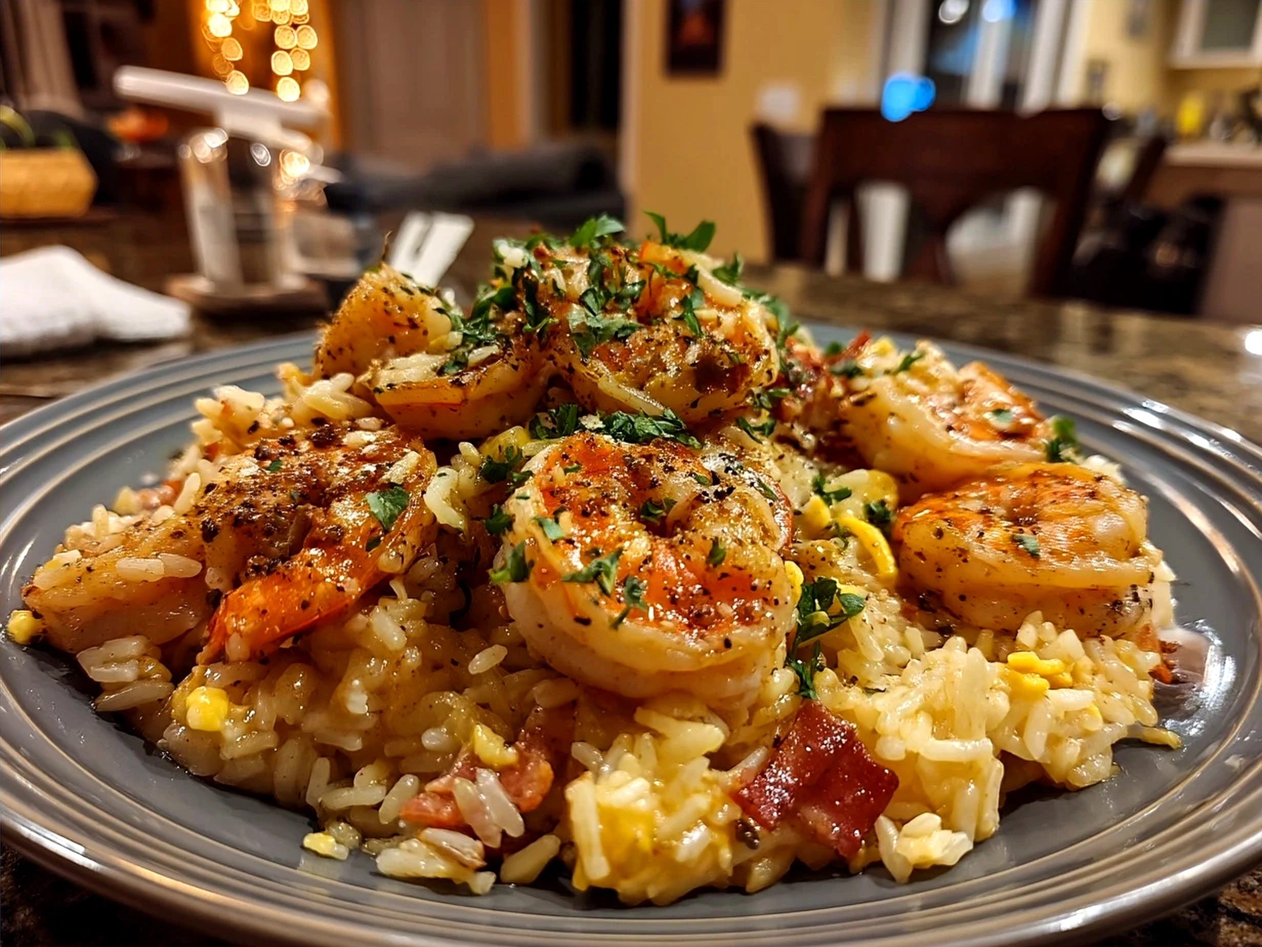 Final serving of Southern style Shrimp Dirty Rice with fresh herbs