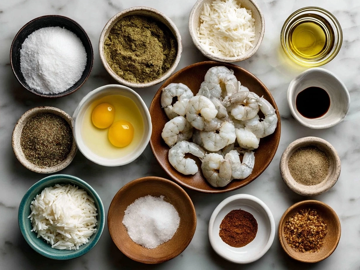 Ingredients for Shrimp Dirty Rice on a kitchen counter