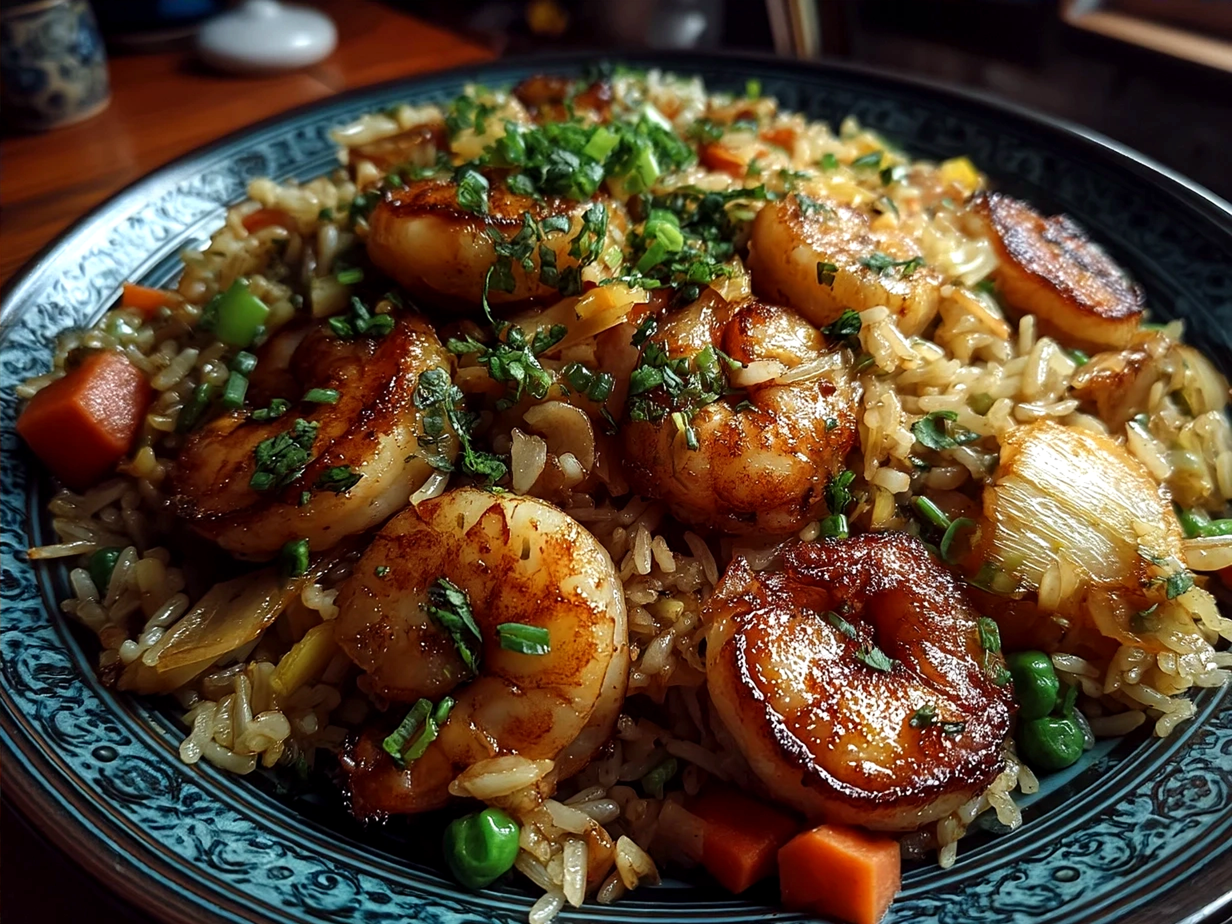 A colorful bowl of shrimp fried rice served with green onions and sesame seeds