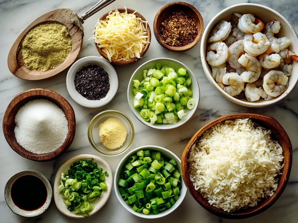 Ingredients laid out for making shrimp fried rice including shrimp, eggs, vegetables, and sauces