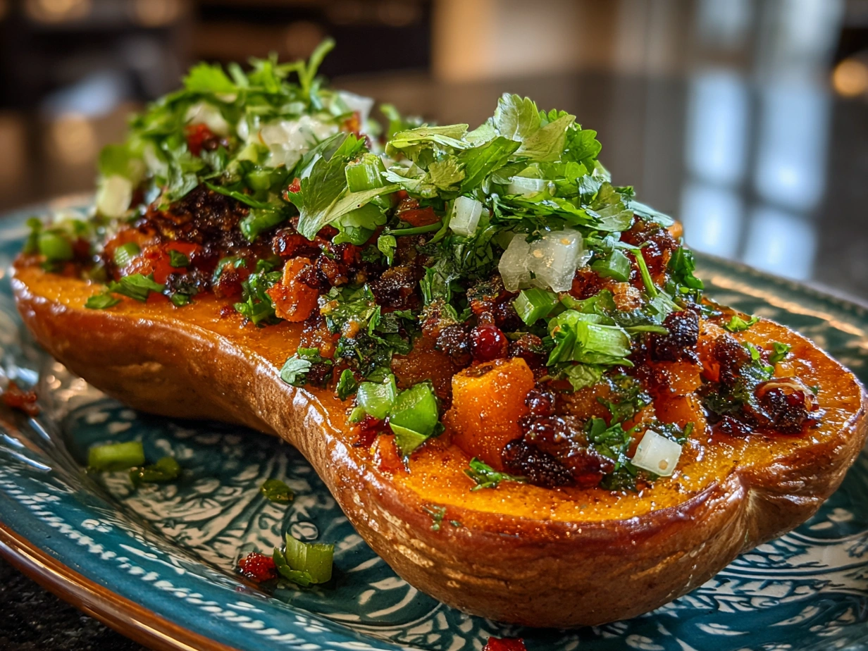 Final presentation of Simanim Stuffed Butternut Squash with herbs and pomegranate seeds