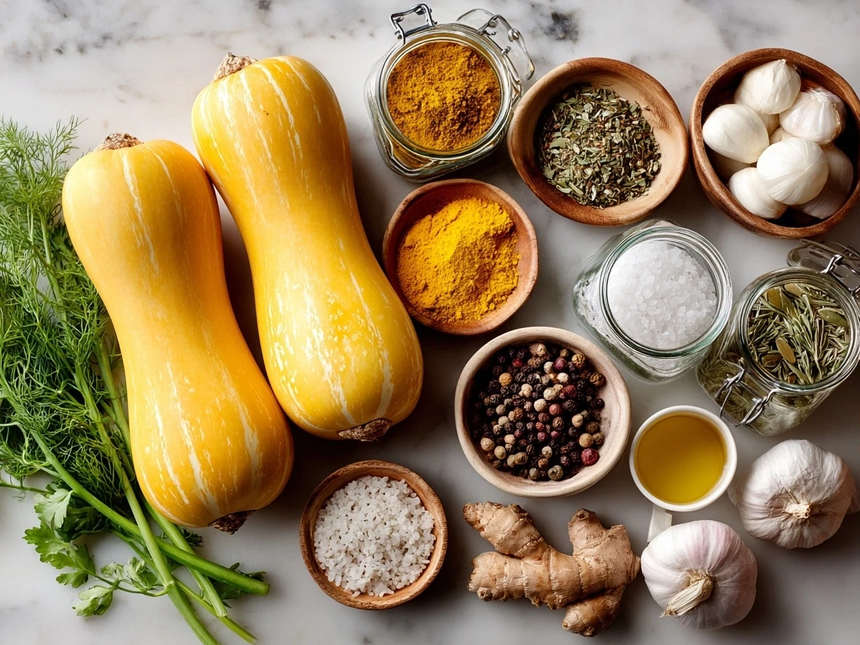 Ingredients for Simanim Stuffed Butternut Squash including butternut squash, quinoa, lentils, apple, pomegranate seeds, walnuts, onion, garlic, and spices